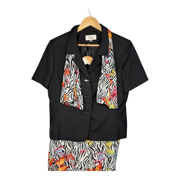 Vintage Le Suit Black Zebra Butterfly Print Skirt Suit Set Women Size 16P - Picture 2 of 12